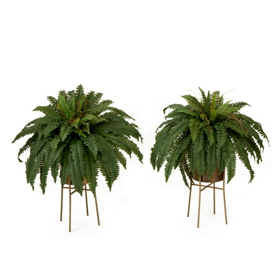 Nearly Natural 32in. Artificial Boston Fern Plant with Metal Planter with Stand DIY KIT (Set of 2), Green