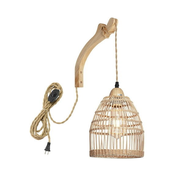 KAYYELAMP Handmade Rattan Wall Sconce 9.8Feet Plug in Hemp Dimmer Cord Retro Design for Living Room Bedroom Loft Farmhouse