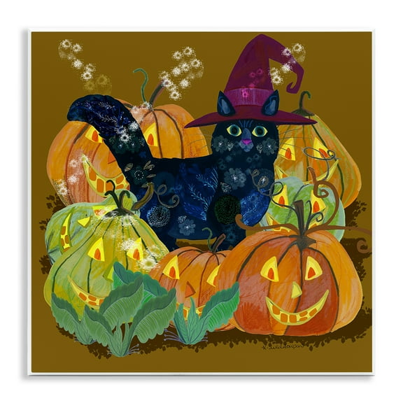 Stupell Industries Cat with Jack-o-Lanterns Animals Painting Unframed Art Print Wall Art, 12 x 12
