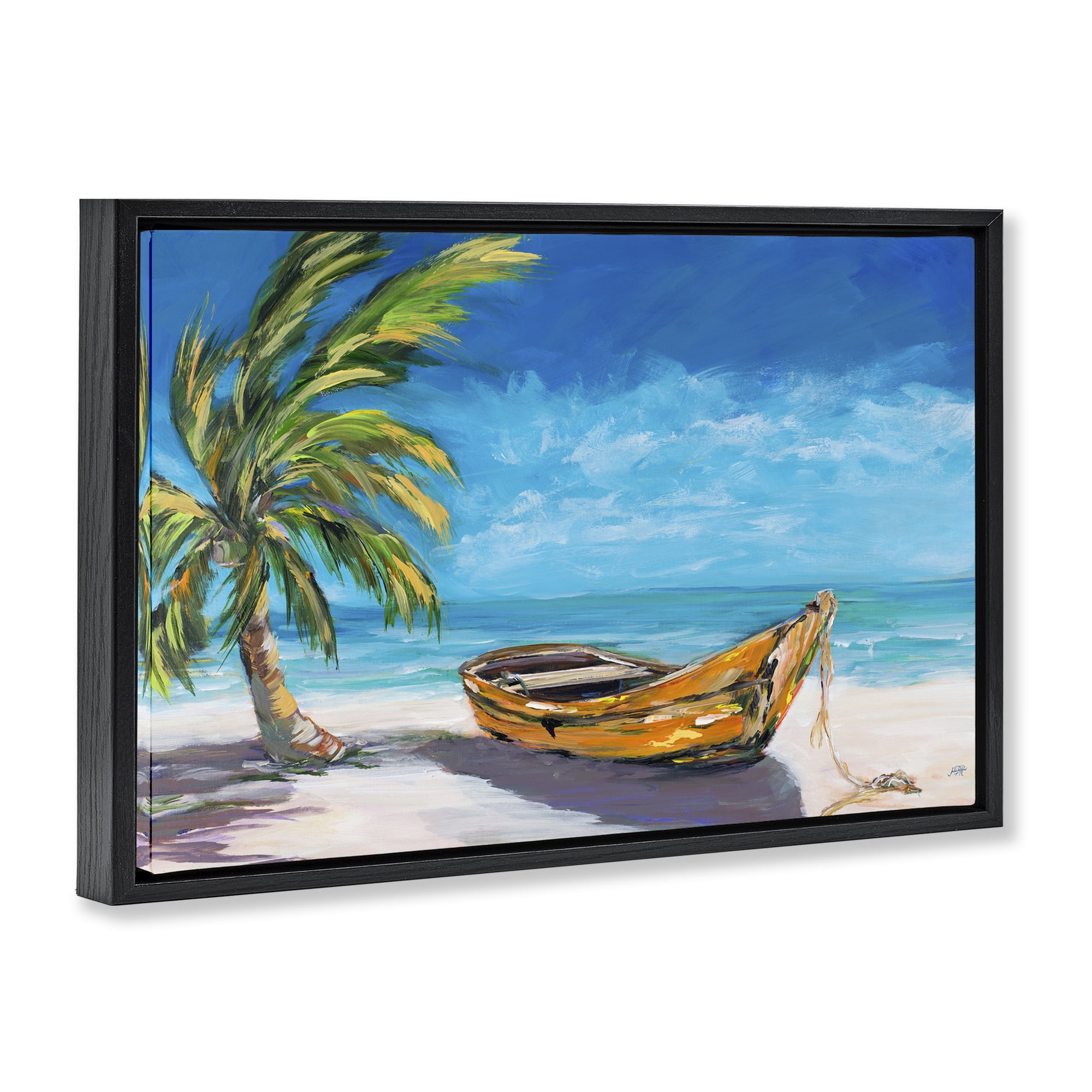 Stupell Industries Lost Island Palm & Boat Black Framed Floater Canvas Wall Art, design by Julie DeRice