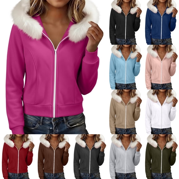 Nugftut Womens Full Zip Up Hoodies Long Sleeve Sweatshirts with Faux Fur Hood Cozy Winter Warm Sweatshirt Sizes S-XXL