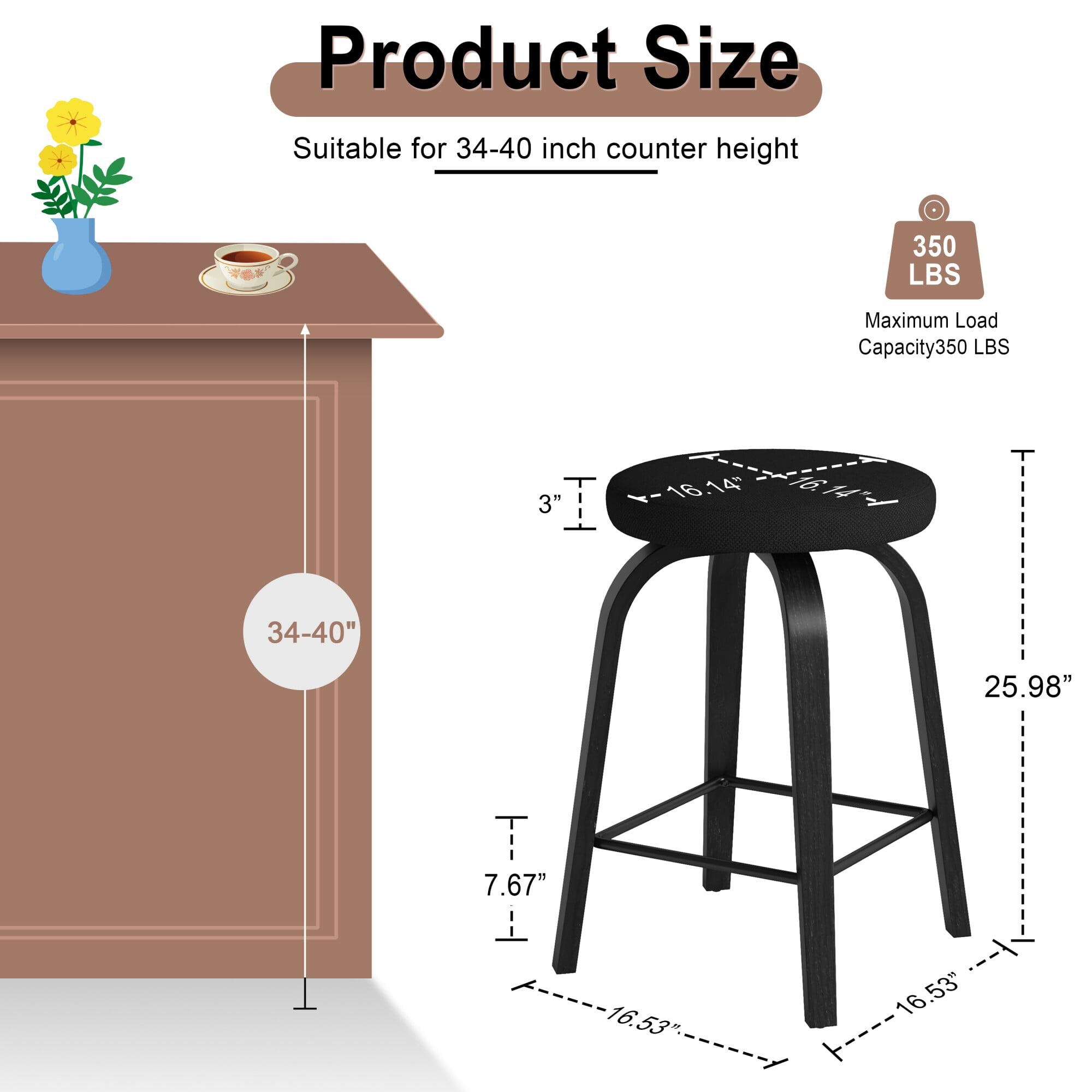 AENKYO 26" Swivel Bar Stools Set of 2, Counter Height Island Stools for 34"-40" Counters, Fabric Padded, Black