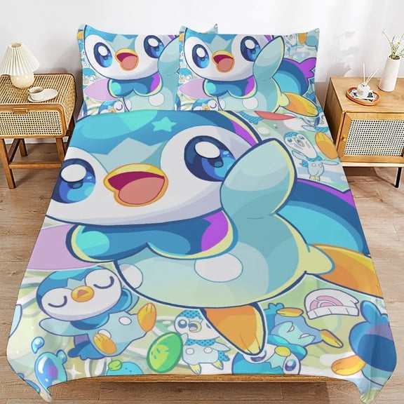 Piplup Duvet Cover Bedding Set Cartoon Print Soft Quilt Cover 3 Pieces, 1 Comforter Cover & 2 Pillowcases for Kids Teens Boys Girls Room Decor 86"x70"