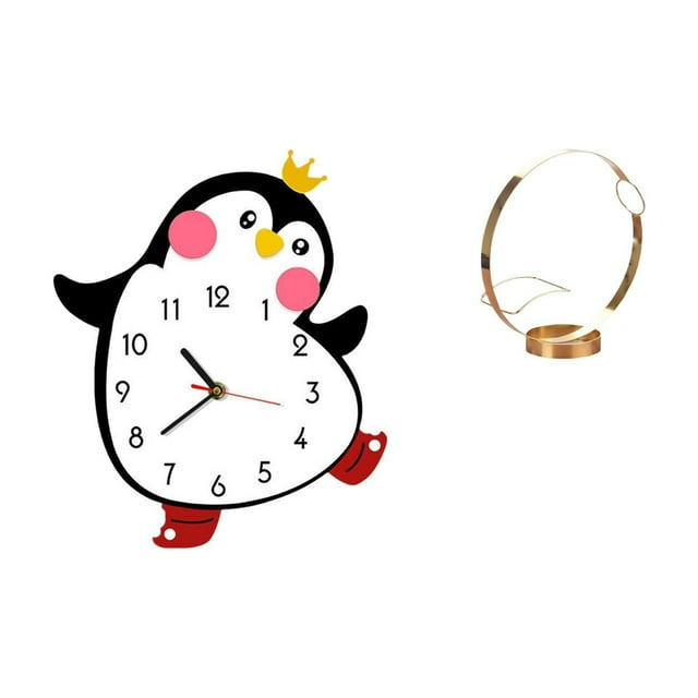 Reloj de pared de madera con forma de pingüino de dibujos animados, soporte para botellas de hierro, decorativo, bonito, alimentado por batería, para