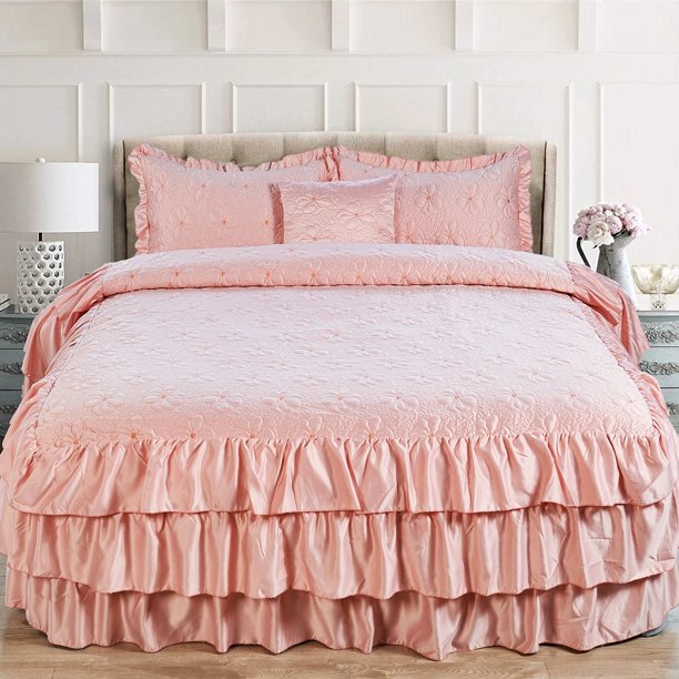 Home Soft Things 4 Piece Ruffle Matte Satin Bedspread Set Pink King