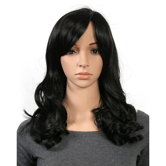 Onedor Full Head Beautiful Long Curly Wave Stunning Wig Charming Curly Costume Wigs with Fringe (Off Black)