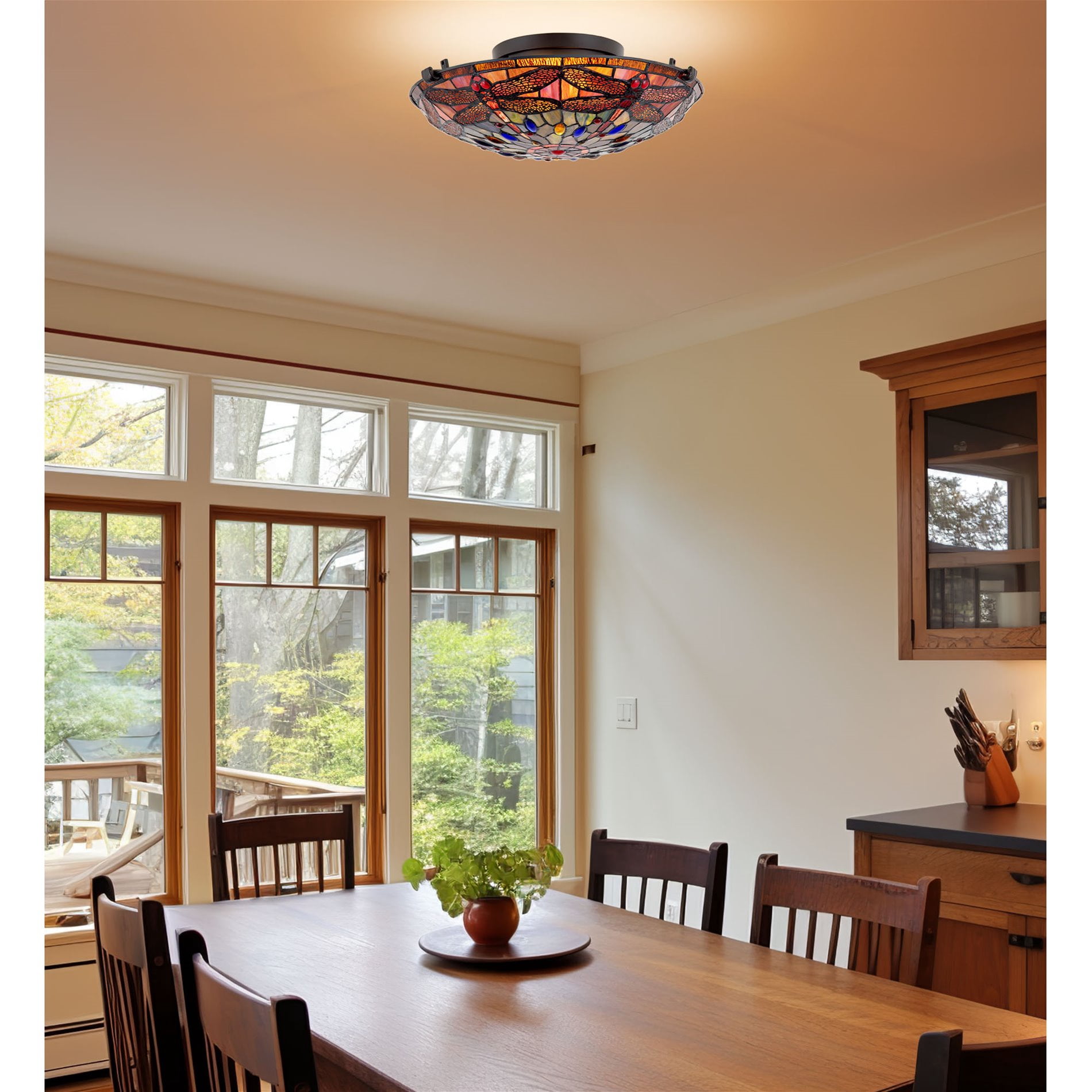 Kira Home Mateo 16" Tiffany Style Flush Mount Ceiling Light, 2-Light Hand-Crafted Art Glass Dragonfly Pattern, Black