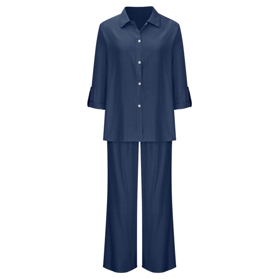Costeam Womens Notch Collar Short Sleeve Shirt and Wide Leg Pants 2 Piece Matching Set Dual Side Hand Pockets Drawstring Elastic High Waist Loose Flow Full Length Breathable Outfit