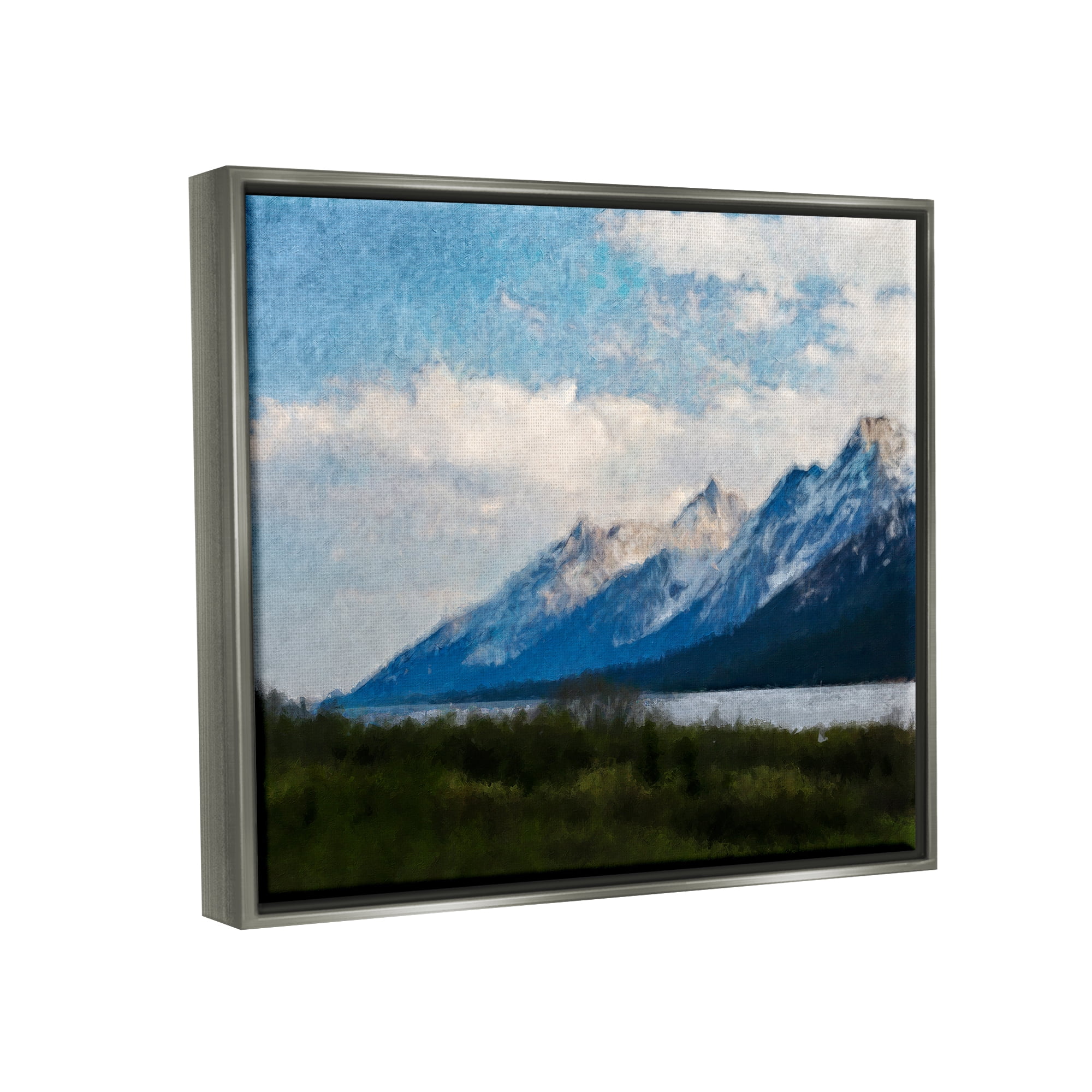Stupell Industries Mountain & River Landscape Landscape Painting Gray Floater Framed Canvas Art Print Wall Art, 31 x 25