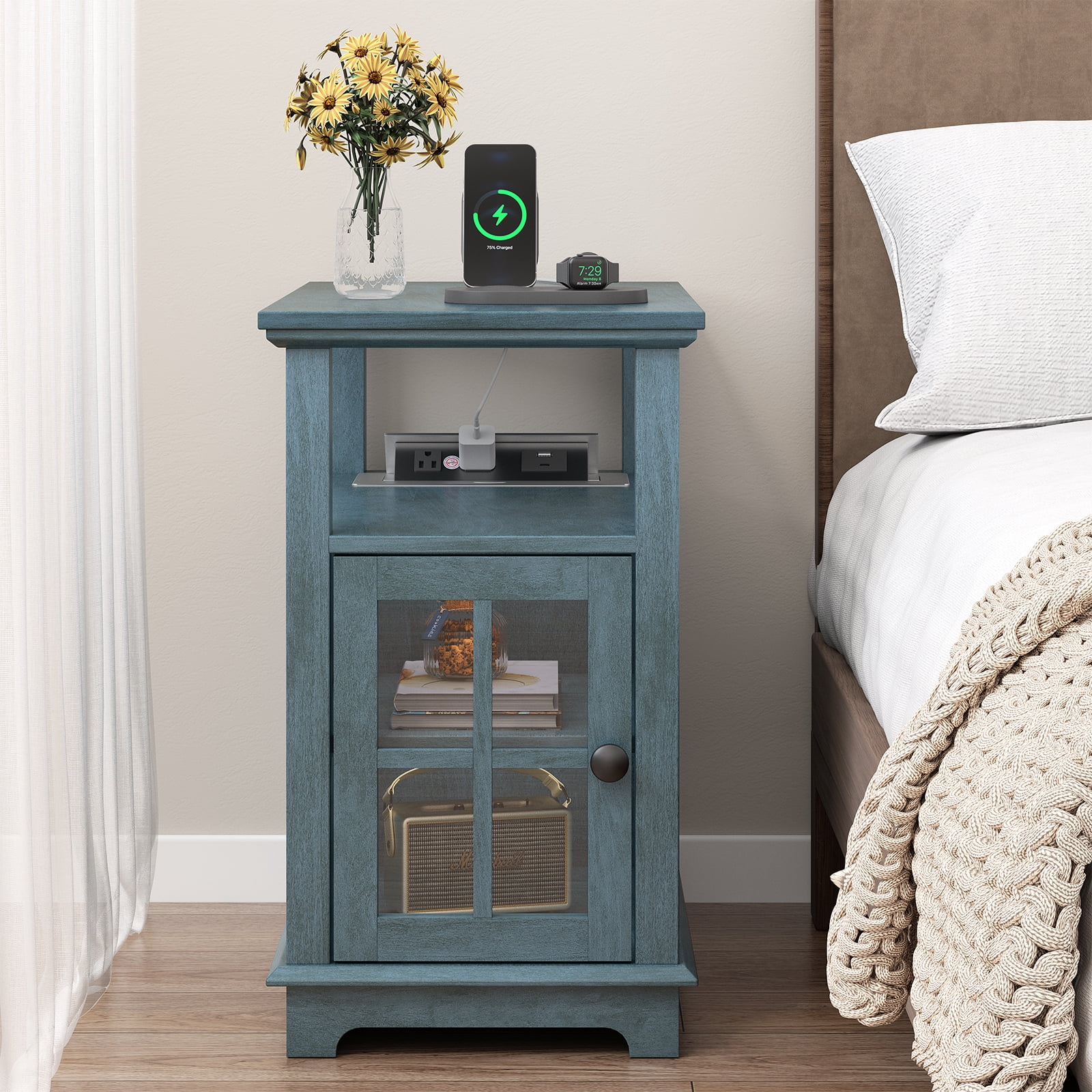 FAGAGA End Tables with Charging Station for Living Room, Wooden Nightstand for Bedroom, Blue