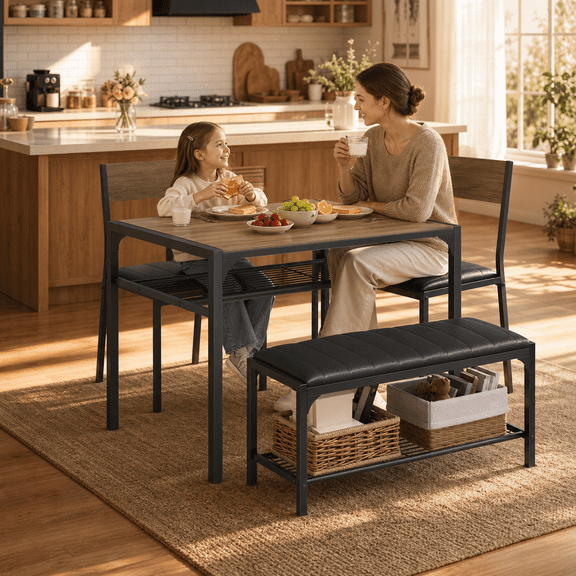 Aiho 4-Piece Dining Table Set for 4 with 2 Upholstered PU Chairs & Storage Bench, Metal Frame with Built-in Storage Racks, Space-Saving Dinette for Small Apartment, Breakfast Nook, Black