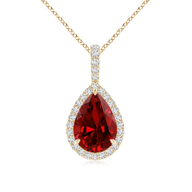 Angara Lab Grown Ruby Necklace - Ruby Teardrop Pendant with Lab Diamond Halo in 14K Yellow Gold for Women