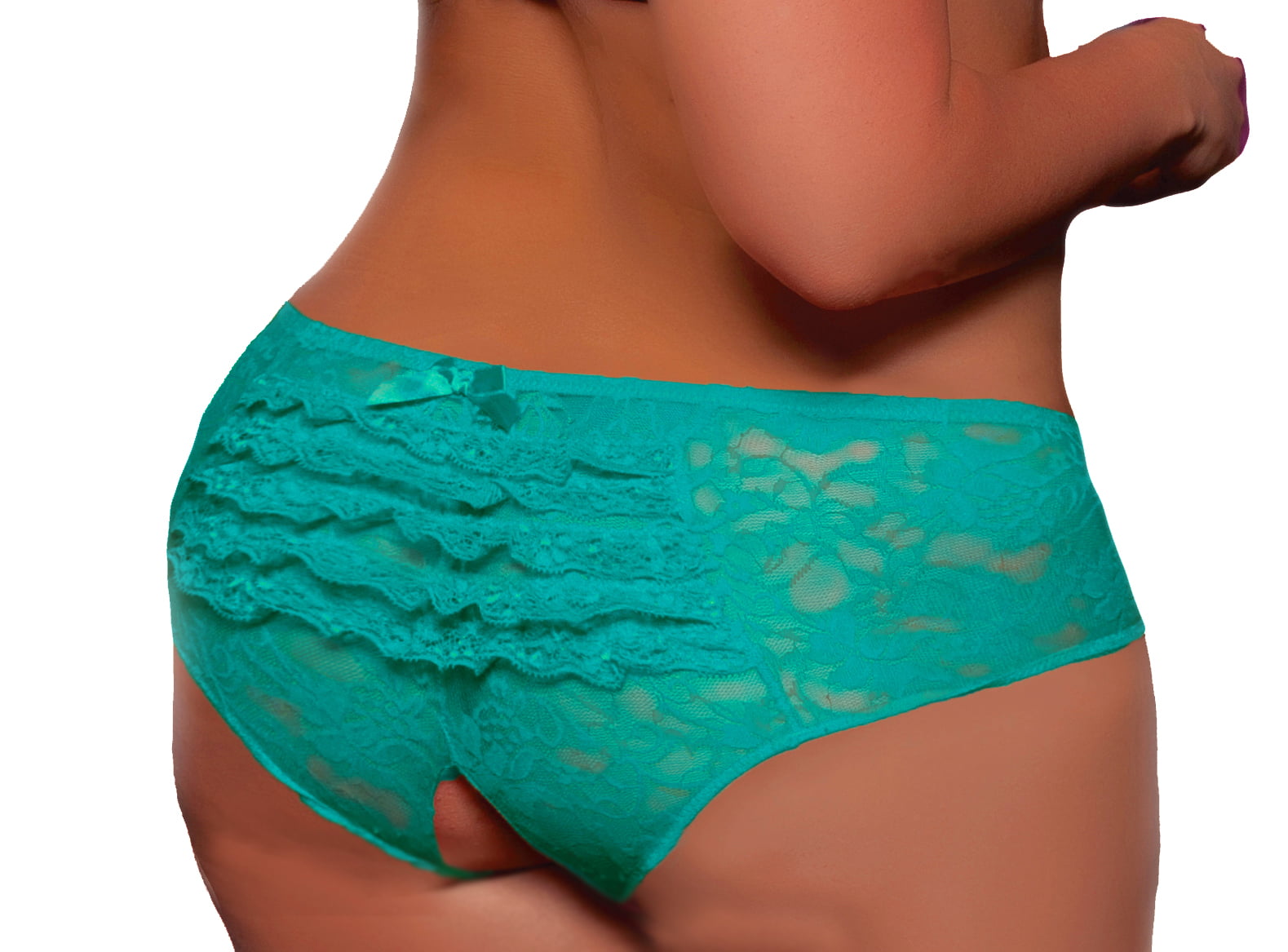 STRETCH LACE BLUE OPEN CROTCH SHORT PANTY WITH SATIN BOW DETAIL Size 1X-4X