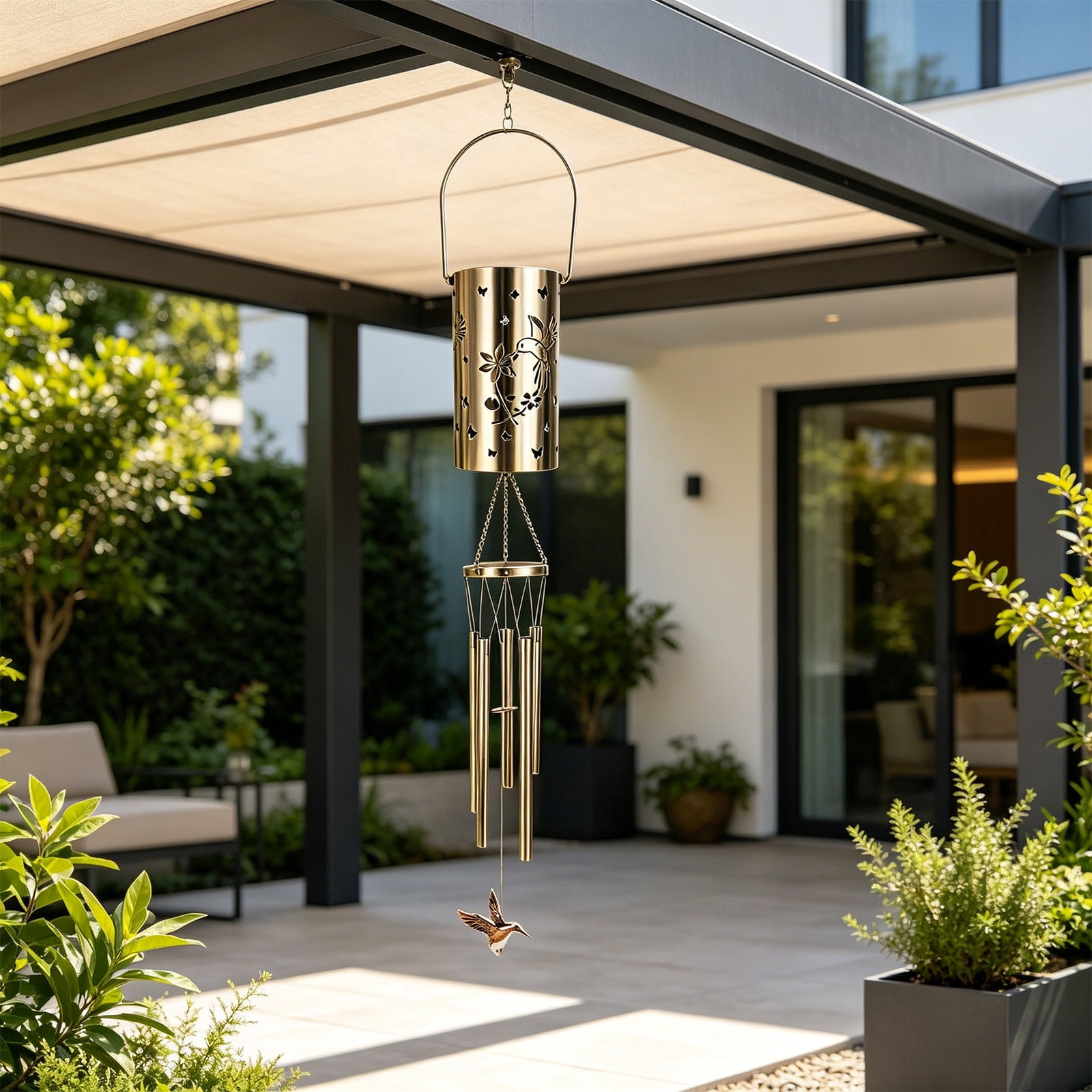 Glowing Hollow Out Projection, Solar Wind Chime with Hummingbirds Pattern — 38.6x4.3 Inch Courtyard Lamp, Made of Iron Garden Decoration for Patio