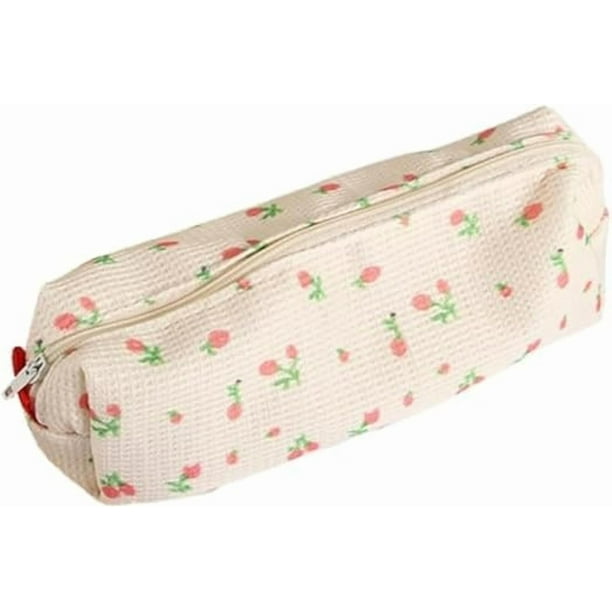Estuche para lápices con diseño de fresas rosas para mujer, estilo fresco, con flores, de lona, grande, para bolígrafos, lápices, porta bolígrafos, monedero, sencillo, para guardar cosméticos,