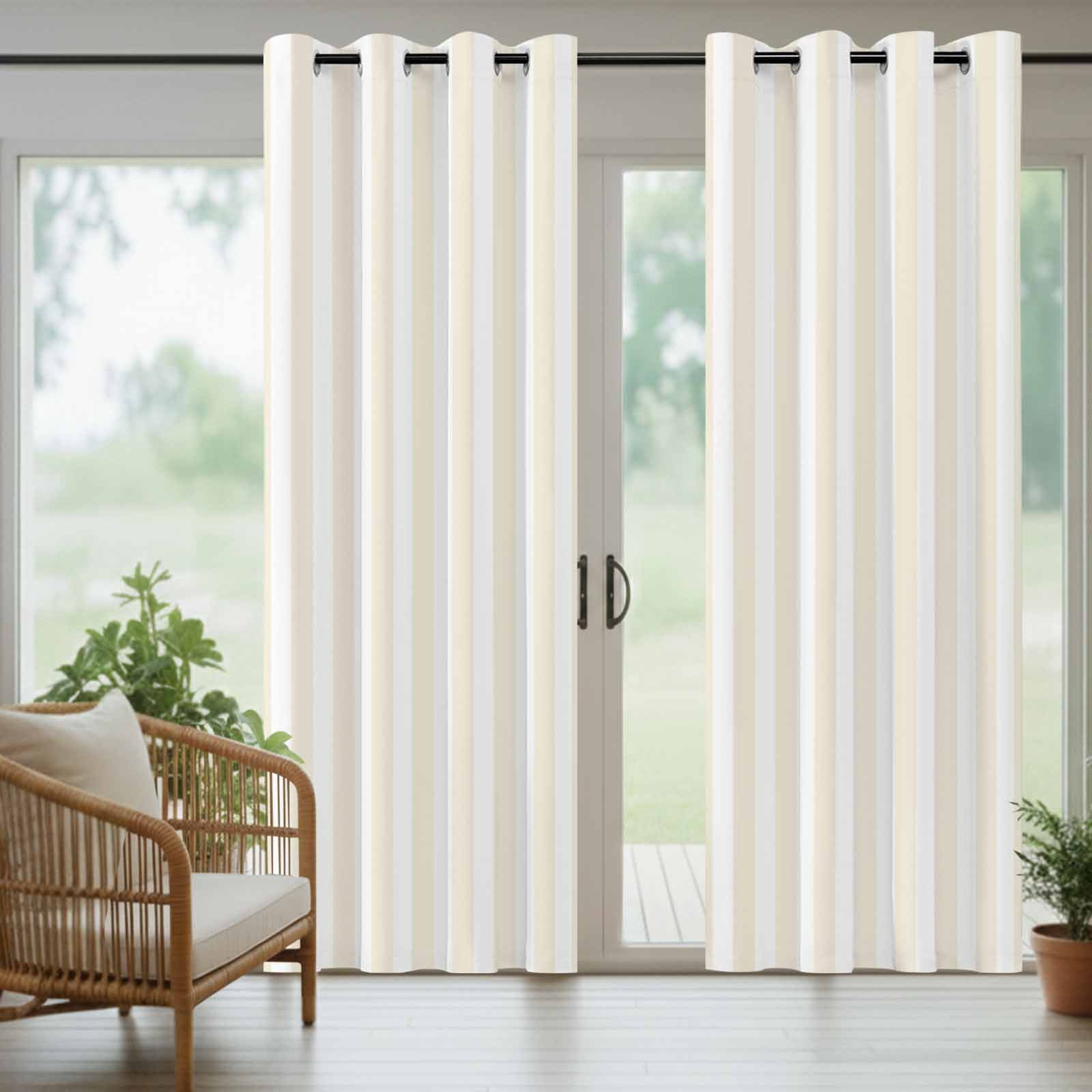 Cream and Outdoor Curtains for Patio Waterproof, White Striped Geometric Grommet Curtains for Porch Outside Privacy Drape for Gazebo Garden Pergola, 2 Panels, 54x108in