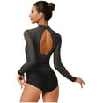 thumbnail image 2 of TiaoBug Women's Gymnastics Leotard Ballet Dance Top Long Sleeve Rhinestones Mesh Figure Ice Skating Bodysuit Black S, 2 of 5