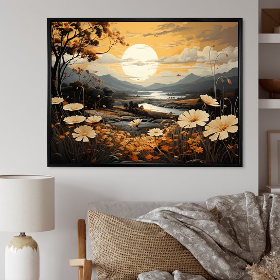 Designart "Fields Adorned In Golden Blooms I" Flower Floater Framed Canvas Prints