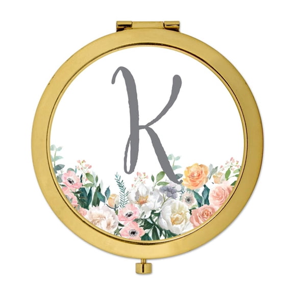 Koyal Wholesale Gold Compact Mirror Bridesmaid's Wedding Gift, Peach Flower Florals on White, Monogram Letter K, 1-Pack