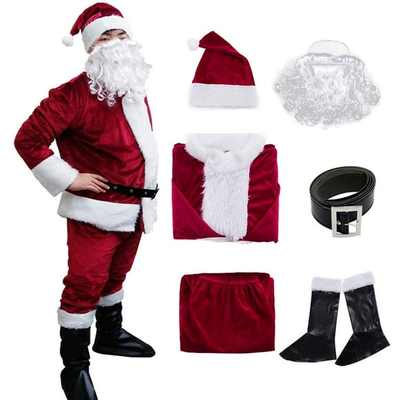 Santa Claus Suit Christmas Flannel Velvet Plush Adult Classic Costume for Men (Wine red 6PCS, XL)