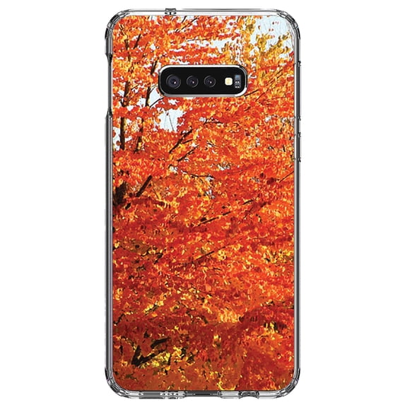 DistinctInk Clear Shockproof Hybrid Case for Samsung Galaxy S10e (5.8" Screen) - TPU Bumper, Acrylic Back, Tempered Glass Screen Protector - Orange Autumn Leaves
