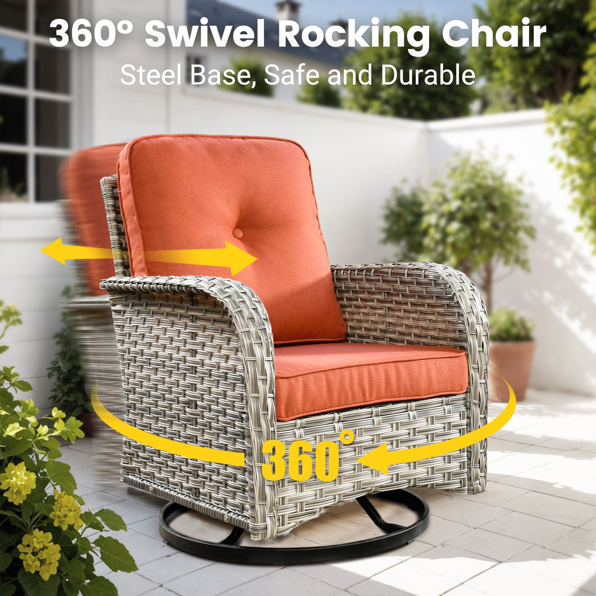 Vcatnet 3 Pieces Outdoor Patio Furniture Wicker Swivel Rocking Chair Swivel Rocker Patio Chairs Set of 2 with Side Table for Porch, Backyard, Coarse Orange Red