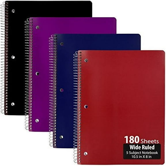 Emraw 5 Subject Notebook Spiral with 180 Sheets Ruled Paper, Assorted Colors, 2 Pack