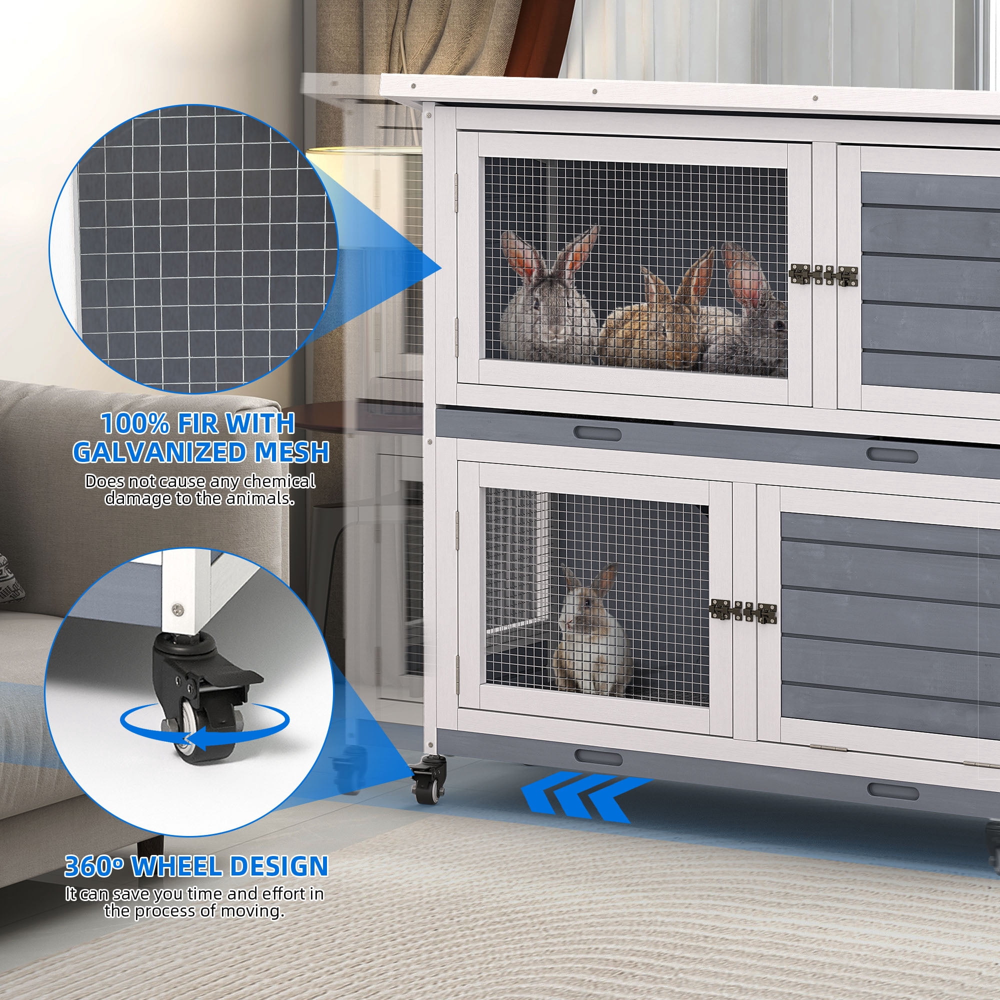 Dextrus Wood Rabbit Hutch Bunny Cage with Wheels,with Opening Roof, Removable Tray, Small Pet House for Guinea Pig Indoor & Outdoor