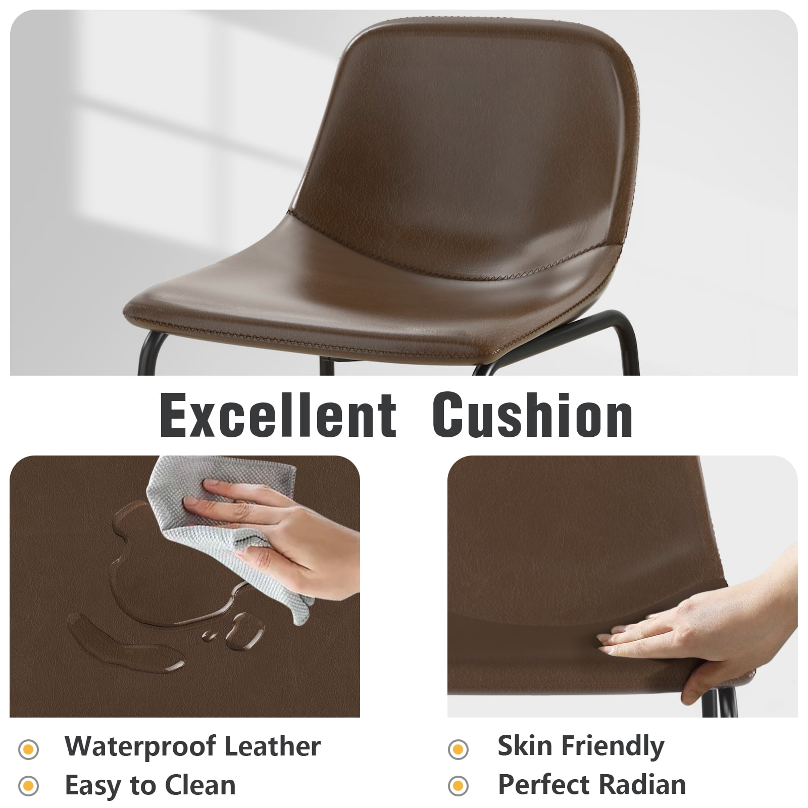 RTVR Counter Height Bar Stools Set of 3, Dining Chairs for Home Kitchen Island, Support 500 lbs,Counter Stool with Back, Modern Faux Leather Barstools with Metal Legs and Footrest,Brown