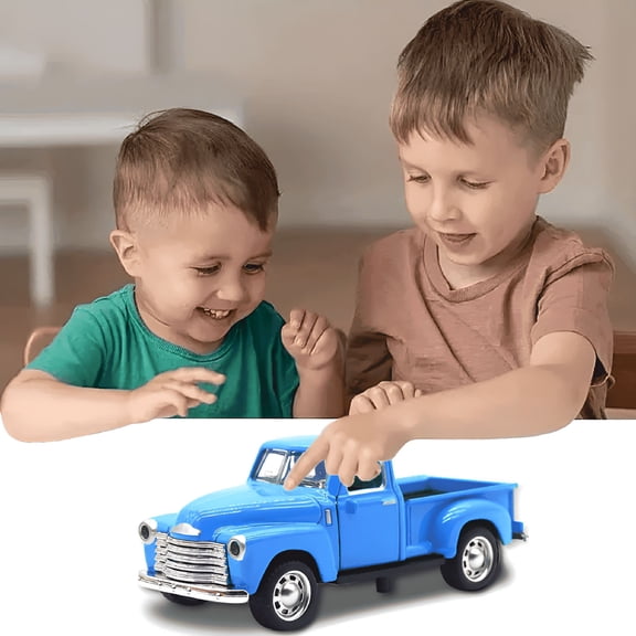 BESTSKY 1:32 Alloy Pull-Back Truck Toy, Openable Doors Retro Blue Pickup Car for Toddlers 2-8, Kids Birthday & Christmas Gift