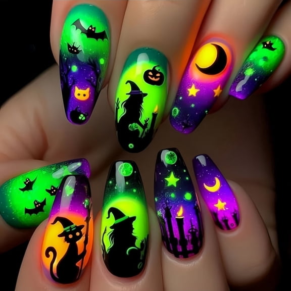 Halloween Acrylic Press On Nails Full Cover Fake False Nails Reusable Gradient Witch Pumpkin Spooky Fall Long Coffin Stick On DIY Manicure Nail Kit 24 Pcs For Women Girls Halloween Party Daily Outfit