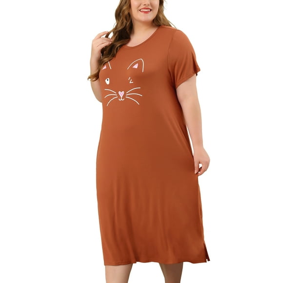 Women's Plus Size Nightgown Cat Print with Pocket Sleep Dress Sleepwear Caramel 2X