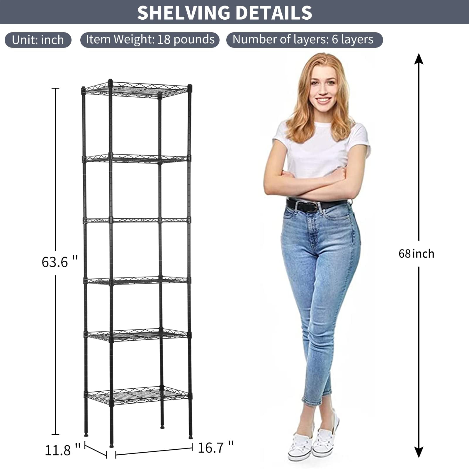 NiamVelo Black Adjustable 6-Tier Wire Metal Shelving Unit