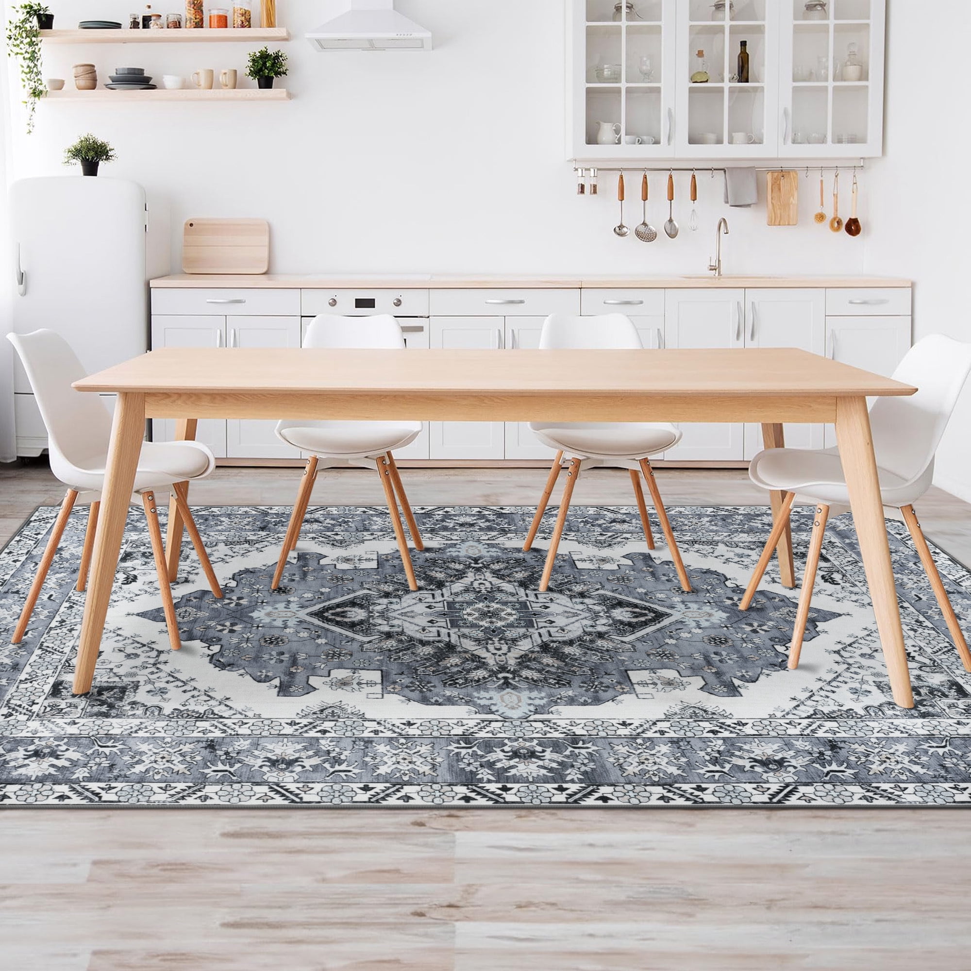 Wondo 6x9 Gray Area Rug - Machine Washable Non-Slip Rubber Backing, Low Pile Vintage Carpet for Living Room Bedroom Kitchen Dining Office