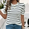 thumbnail image 3 of SWSMCLT Women's Soft Knit Tshirt Striped Puff Sleeve Casual Crewneck Knitted Tee Top Short Sleeve Sweater Fall Fashion Cute Loose Spring White Large, 3 of 5