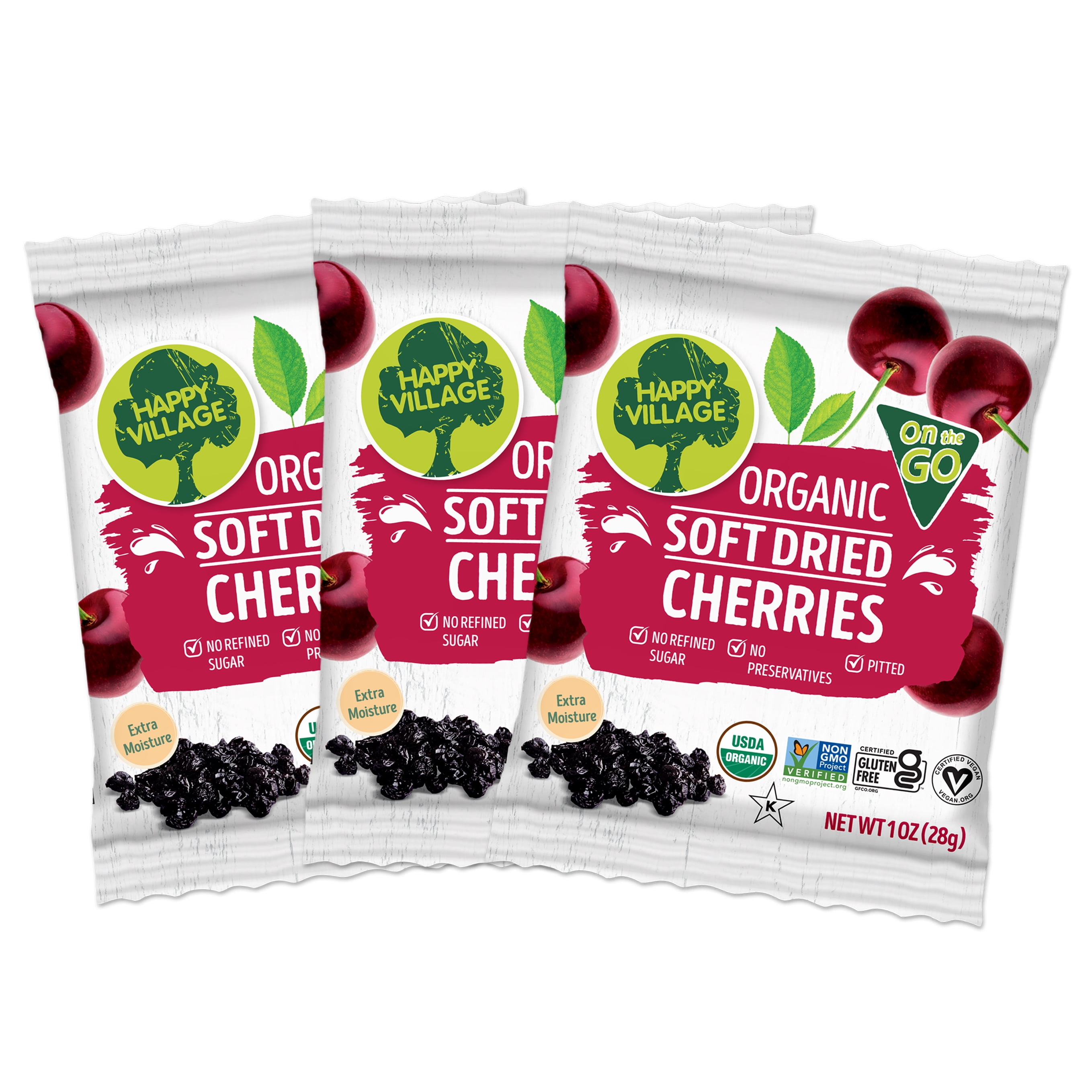 Happy Village Organic Soft Dried Cherries on The Go – 3 Bags (15 Individual Portion packs)  Healthy, Non-GMO, Vegan, Kosher, Gluten-Free Snack