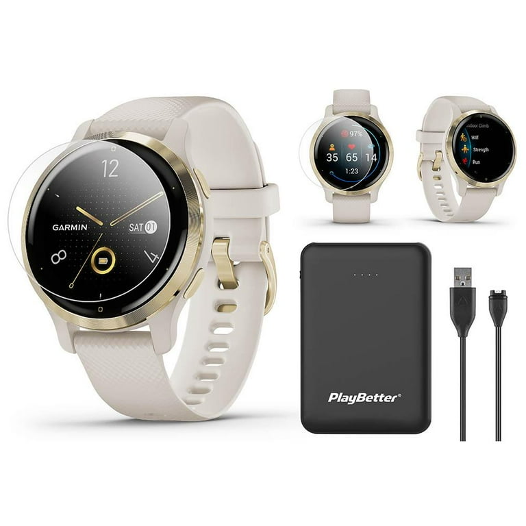 Garmin Venu 2S (Light Gold/Light Sand) Fitness GPS Smartwatch Power Bundle  | 2021 Model | with PlayBetter Portable Charger & HD Screen Protectors