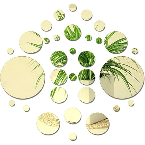 32 Pieces Round Acrylic Mirror Wall Stickers Circle Mirrors Wall Decals Multiple Sizes Self Adhesive Circle for Home Living Room Bedroom Decoration Gold