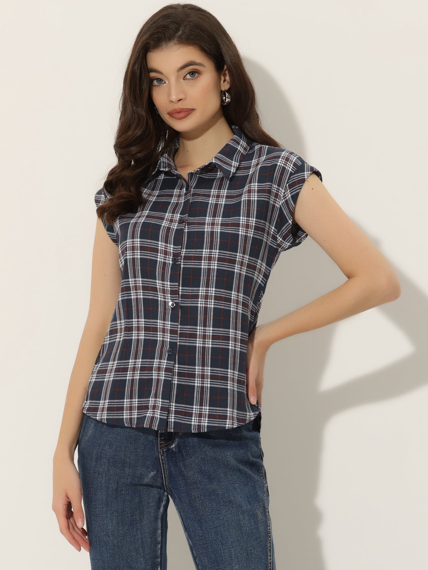 DARING DIVA Women's Summer Plaid Short Sleeves Button Down Shirts XS Navy Blue
