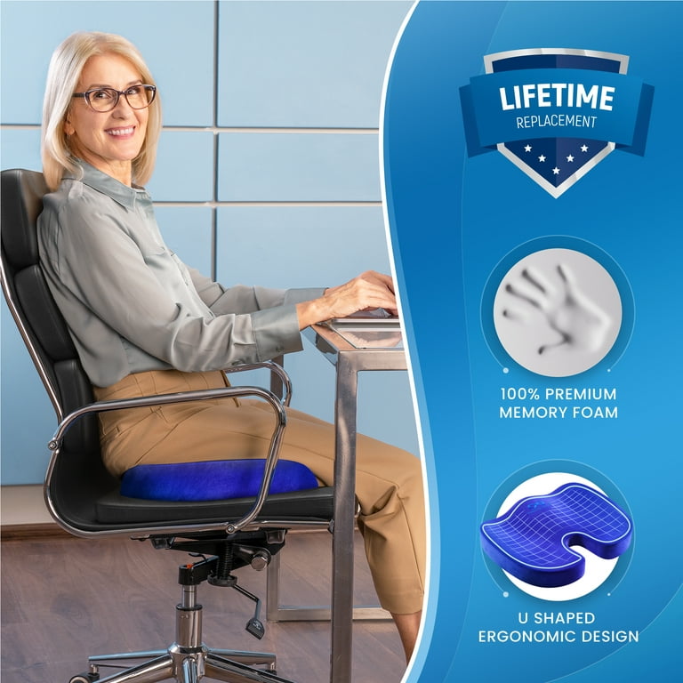 Everlasting Comfort Seat Cushion for Office Chair, Pain Relief for Legs, Hips, Tailbone, and Back, Pure Memory Foam (Blue), Size: 17 x 14 x 2