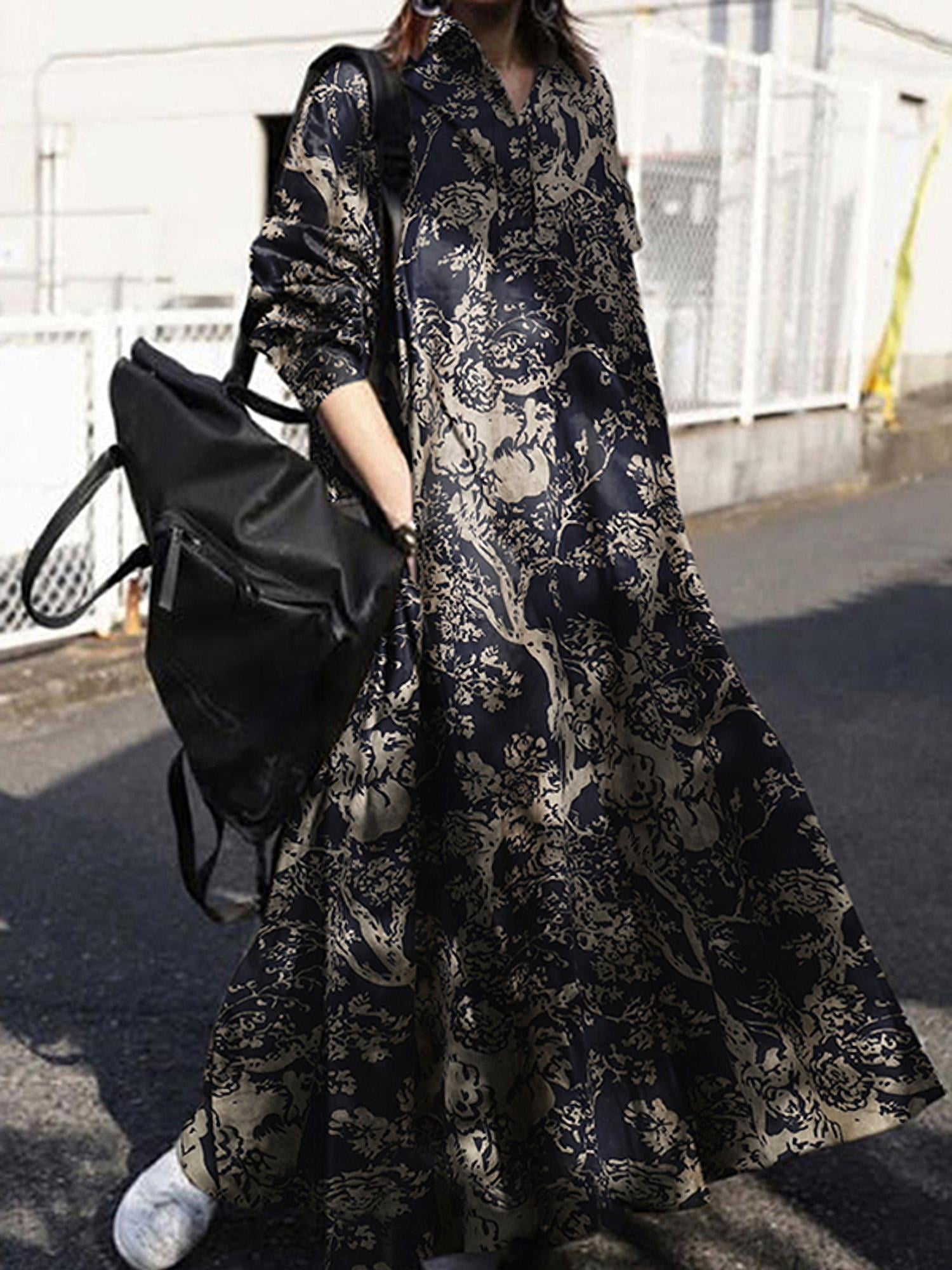 zanzea collar long dress ZANZEA Women Turn-down Collar Long Sleeve Loose Plain Maxi Dresses