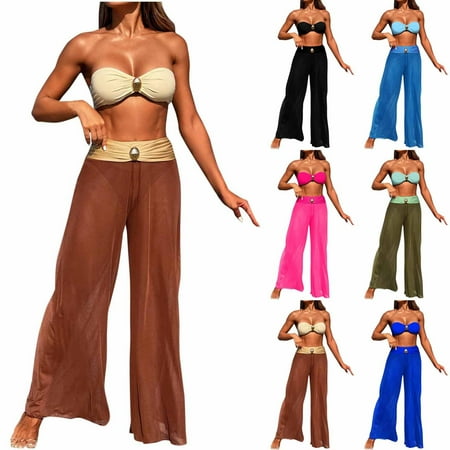 BiZtdJrK My Orders Placed By Me  3 Piece Swimsuits for Women Tummy Control Bikini Set Casual Strapless Tube Tops Cover Up Mesh Pants and Trunks Bathing Suit Pink S
