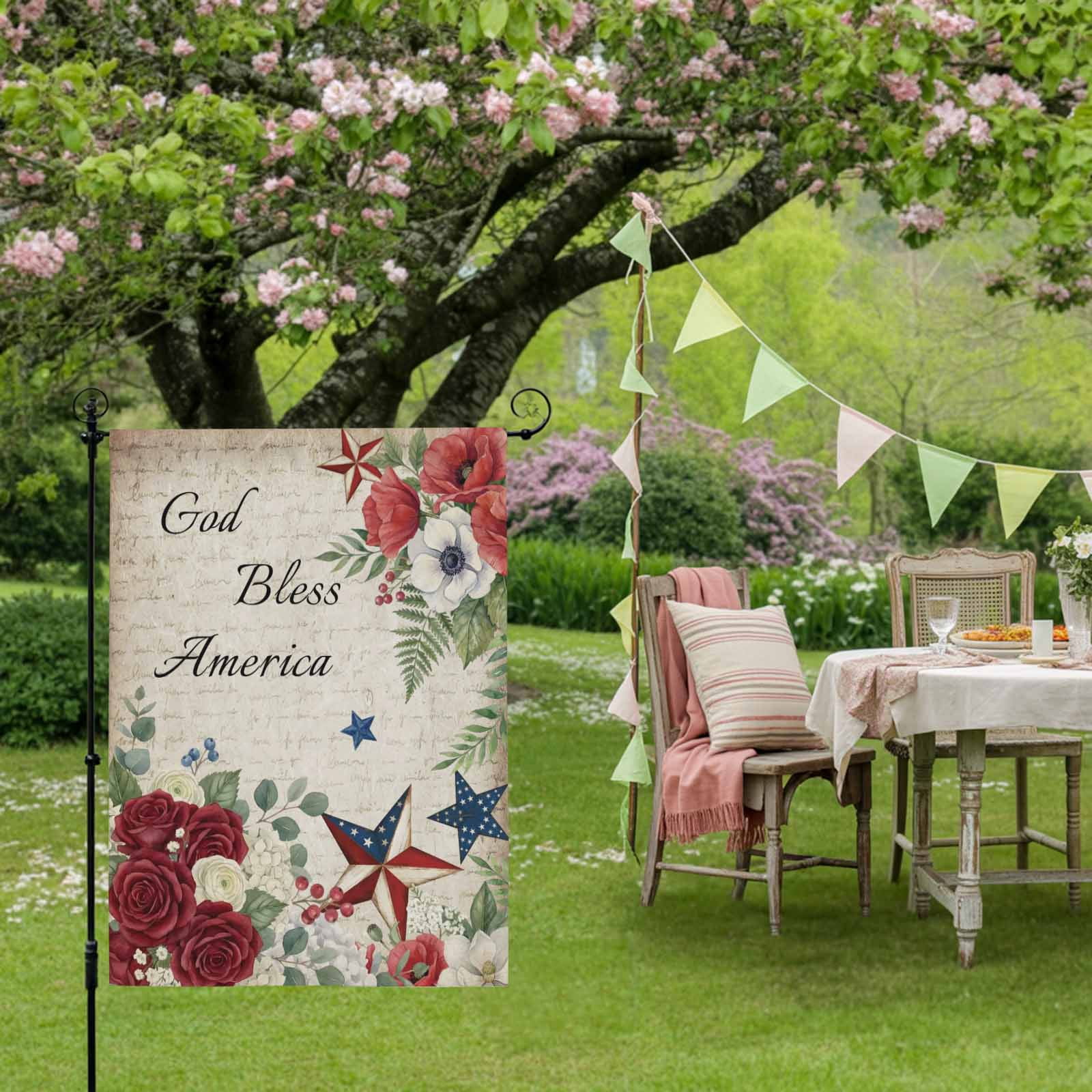 4th of July House Flag 28 x 40 Inches, God Bless America Stars Red Flowers Leaf Vintage Weather Proof Outdoor Patio Flags Double Sided Small House Decoration for Yard Lawn Outside Home