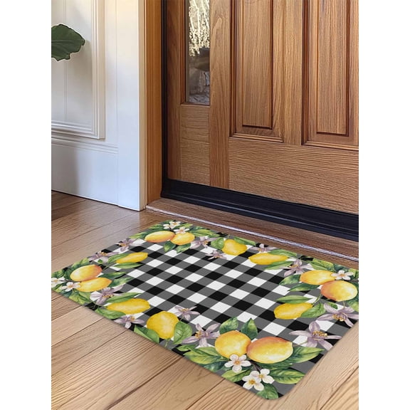 Lemon Door Mat Indoor Outdoor Entrance, Non Slip Rug for Kitchen Bathroom Entryway Rug, Black Plaid Check Yellow Fruit Flower Floral Washable Doormat Floor Mat for Office Home Decor 20x31.5 Inch
