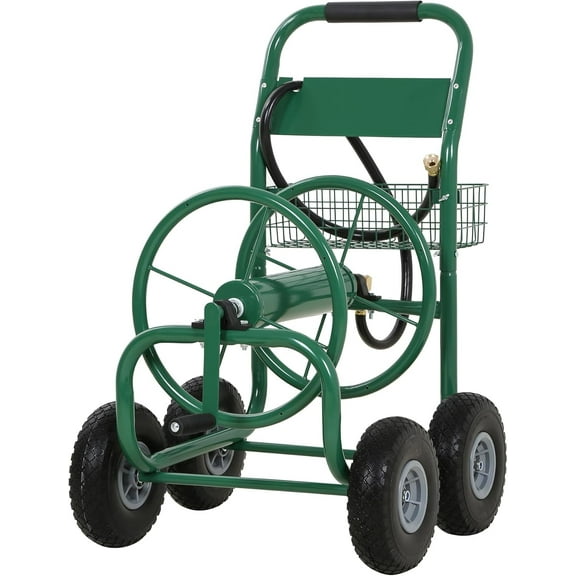 PayLessHere Hose Reel Hold Up To 300 Ft with 4 Wheels Storage Basket,Green