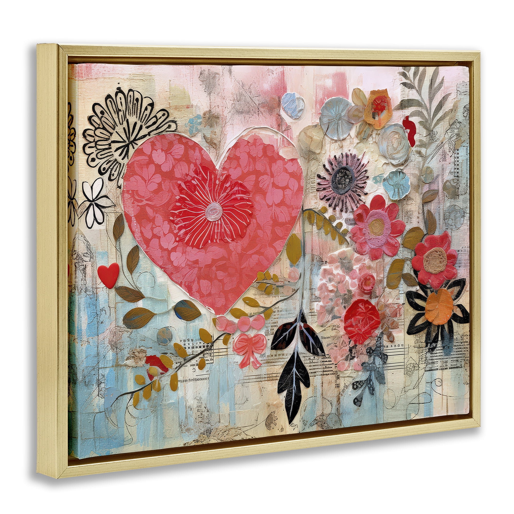 Stupell Industries Playful Heart & Flowers Abstract Painting Gold Floater Framed Canvas Art Print Wall Art, 21 x 17