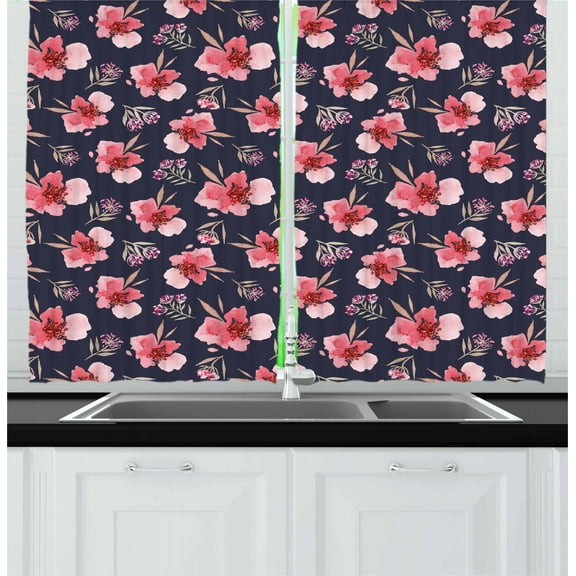 Ambesonne Watercolor Kitchen Curtains, Pink Garden Flora, 55"x39", Navy Blue Coral