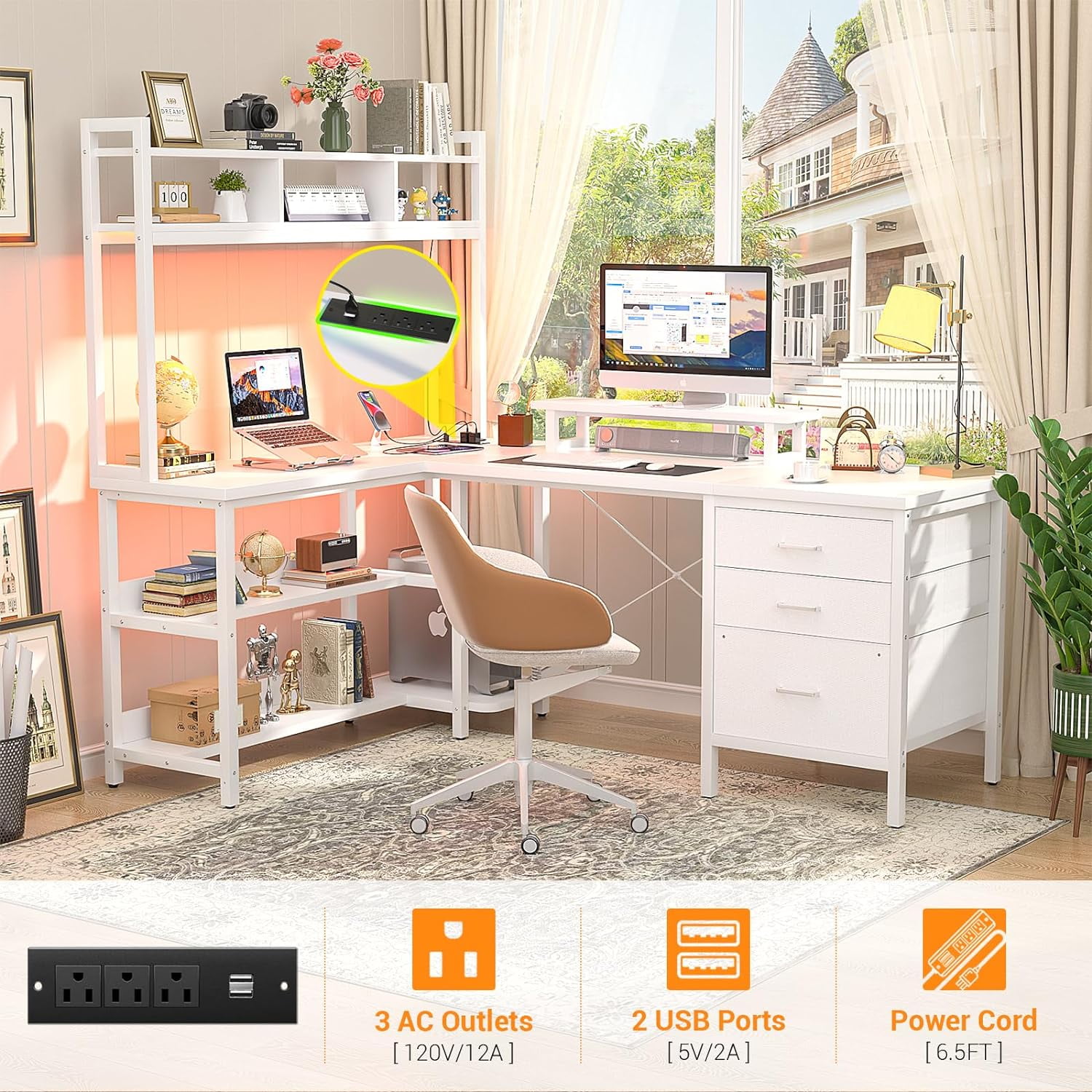 Homieasy 58.7'' L Shaped Computer Desk with Hutch, Power Outlets, LED Lights & Storage Drawers, for Home & Office, White