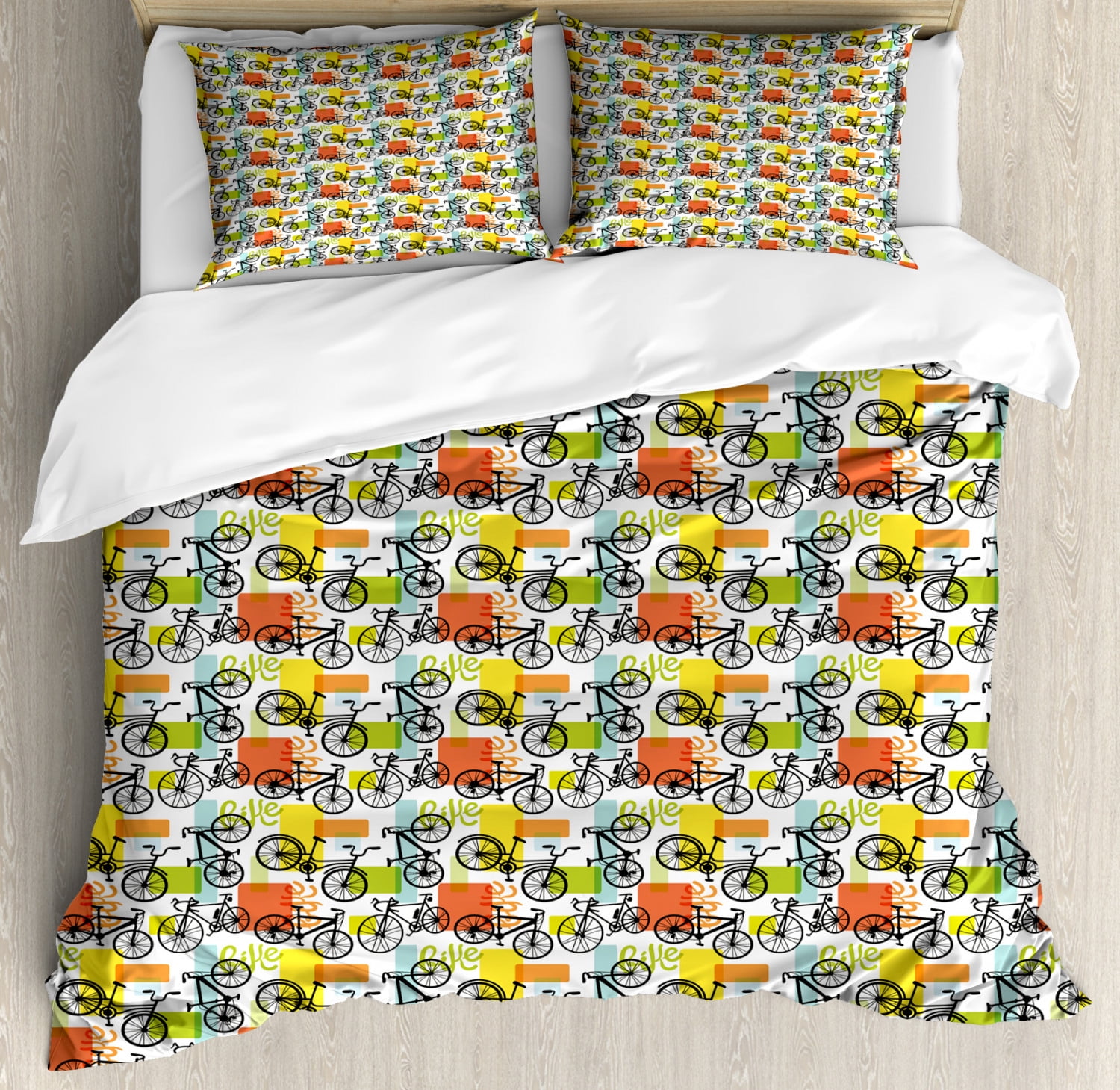Bicycle Duvet Cover Set, Bicycle Sketches Retro Style Geometric Shapes