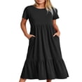 thumbnail image 1 of Femmes Robe Longue à Manches Courtes Swing Robe Robe d'Été en Vrac Solide avec Poches, 1 of 4
